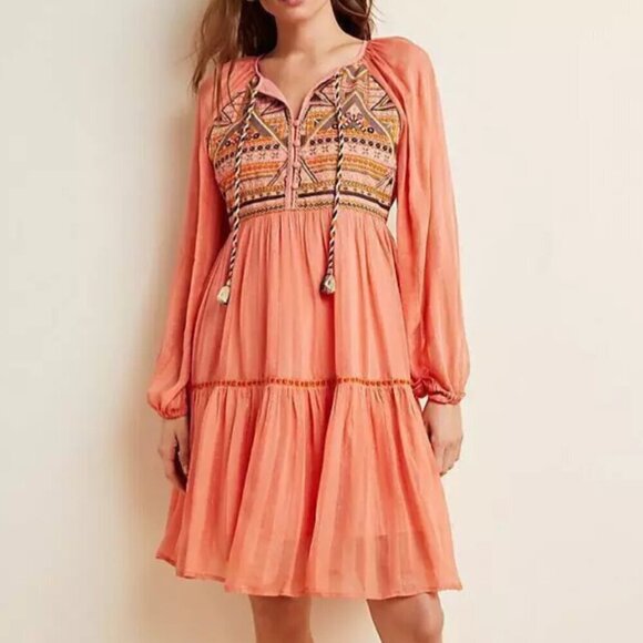 Anthropologie Boho Dress Extra Small XS Pink Mini Long Sleeve V-Neck Embroidered - Picture 1 of 10